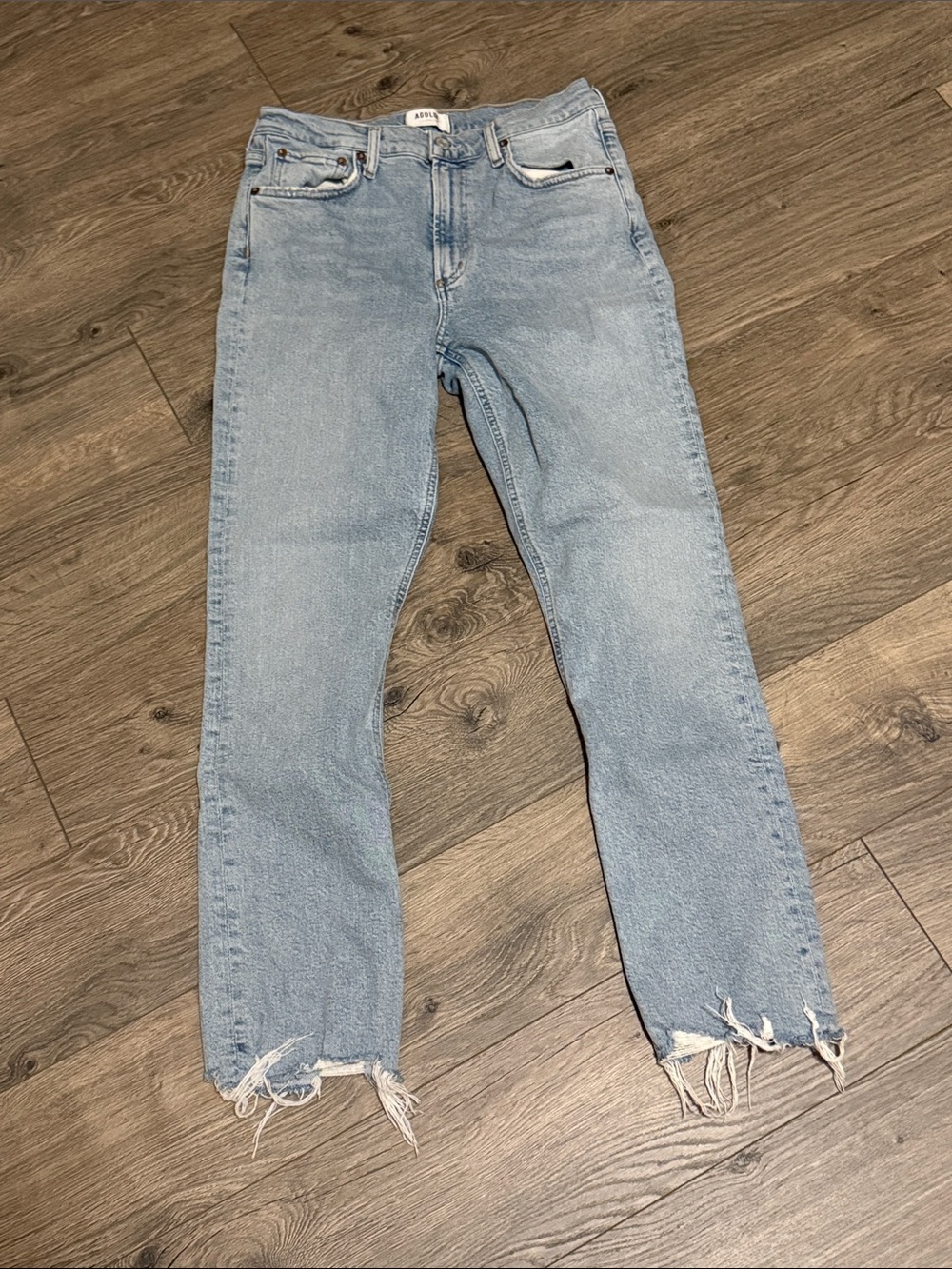 Agolde Light Blue Straight-Leg Jeans with Frayed Hem 28